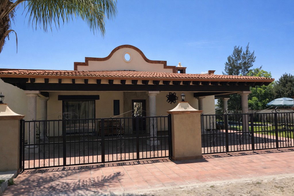 Fachada contemporánea con alberca en primer plano